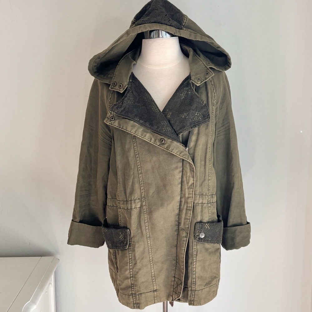Anthropologie Hei Hei Military-Style Hooded Jacket Lace Detail, Army Green, M